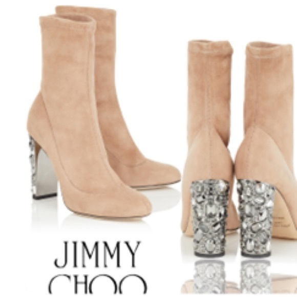 Jimmy Choo Bootie boots bling Stretch Maine 100 beige booties rhinestone glitter - Picture 1 of 16